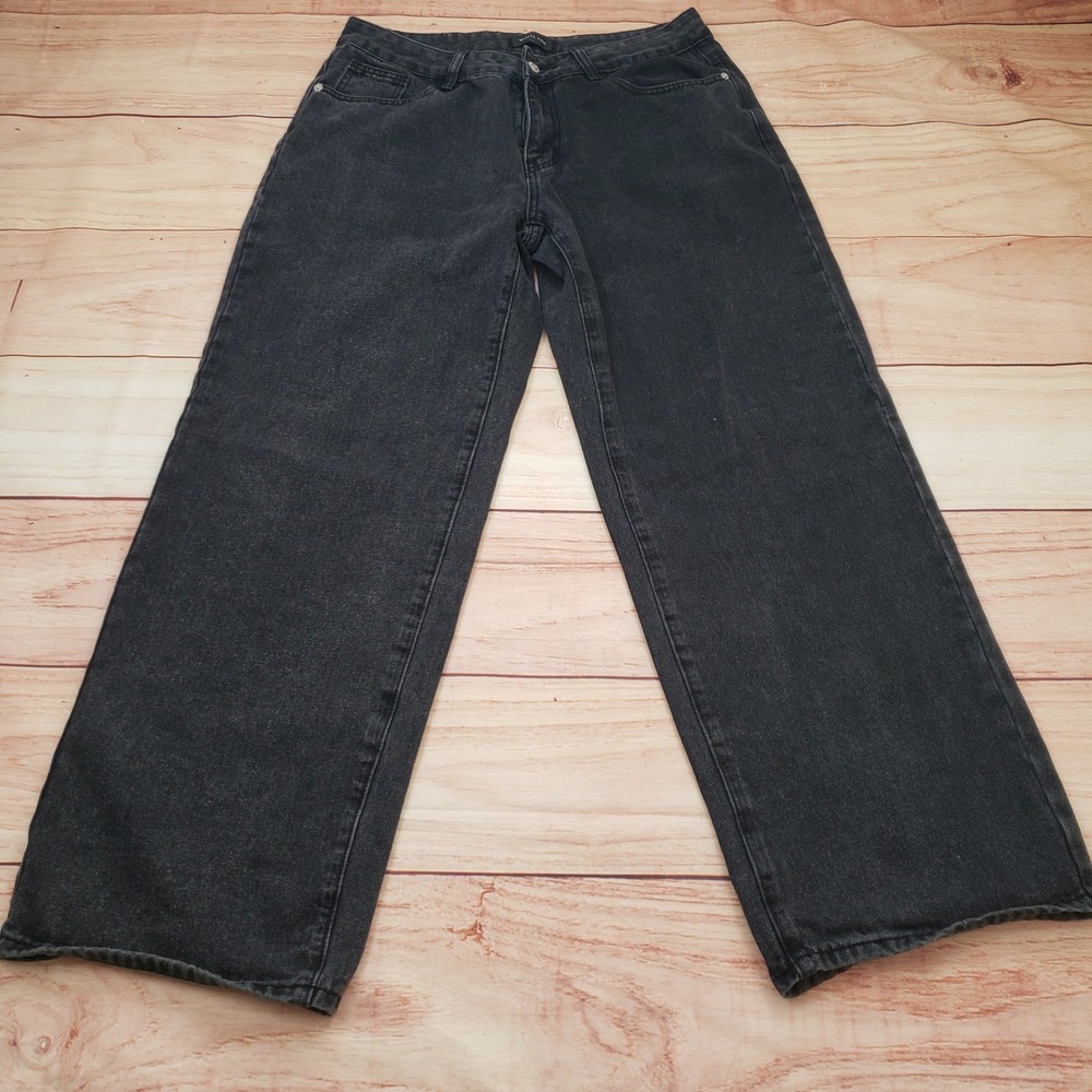 White‎ Fox Jeans Womens Large Wide Leg Jeans Faded Black High Rise Cotton